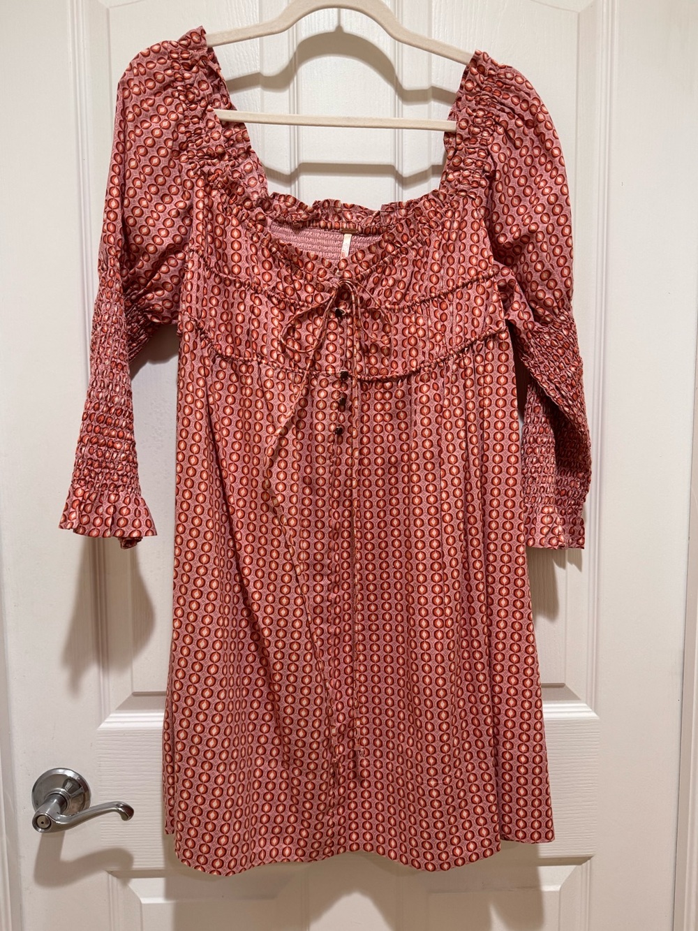 Free People Star Dip Mini Dress Retro Print Pink Orange Puff Sleeve Boho Medium